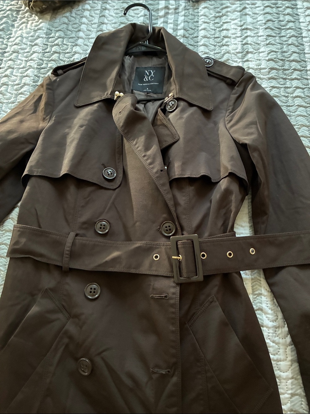 New York & Company Dark Brown Double-Breasted Trench with Belt